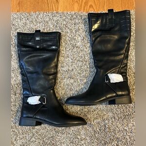St. John's Bay Roslyn Black Tall Knee-High Boots with Faux Croc Trim - Size 7M